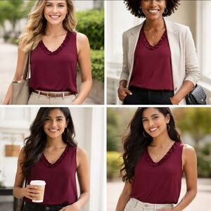 Ann Taylor Factory Burgundy Ruffle Neck Sleeveless Blouse XS